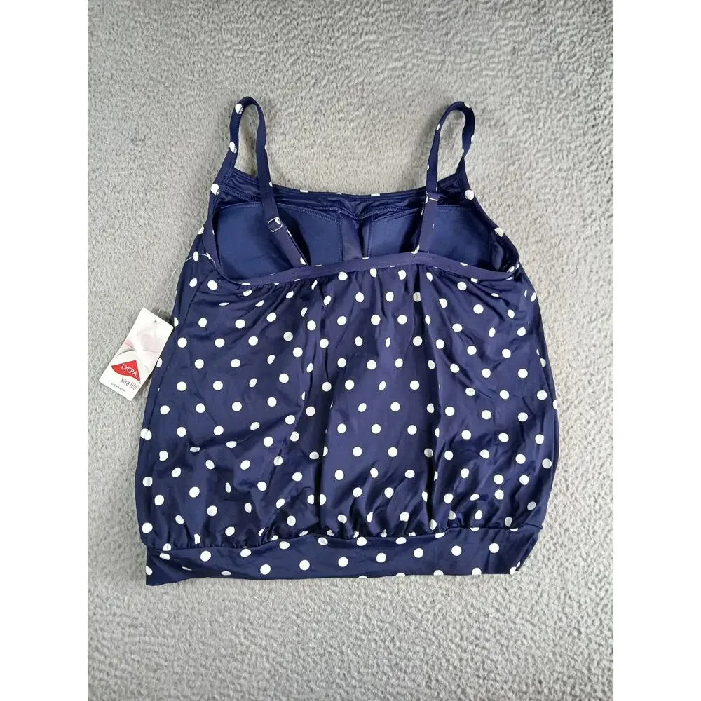 Lands End Swim Top Womens 8P Petite Navy Blue Polka Dot Tankini Padded NWT